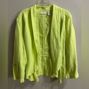 Chicos 100% Linen Lightweight Jacket Size 3 (XL) Chartreuse Yellow Open Front